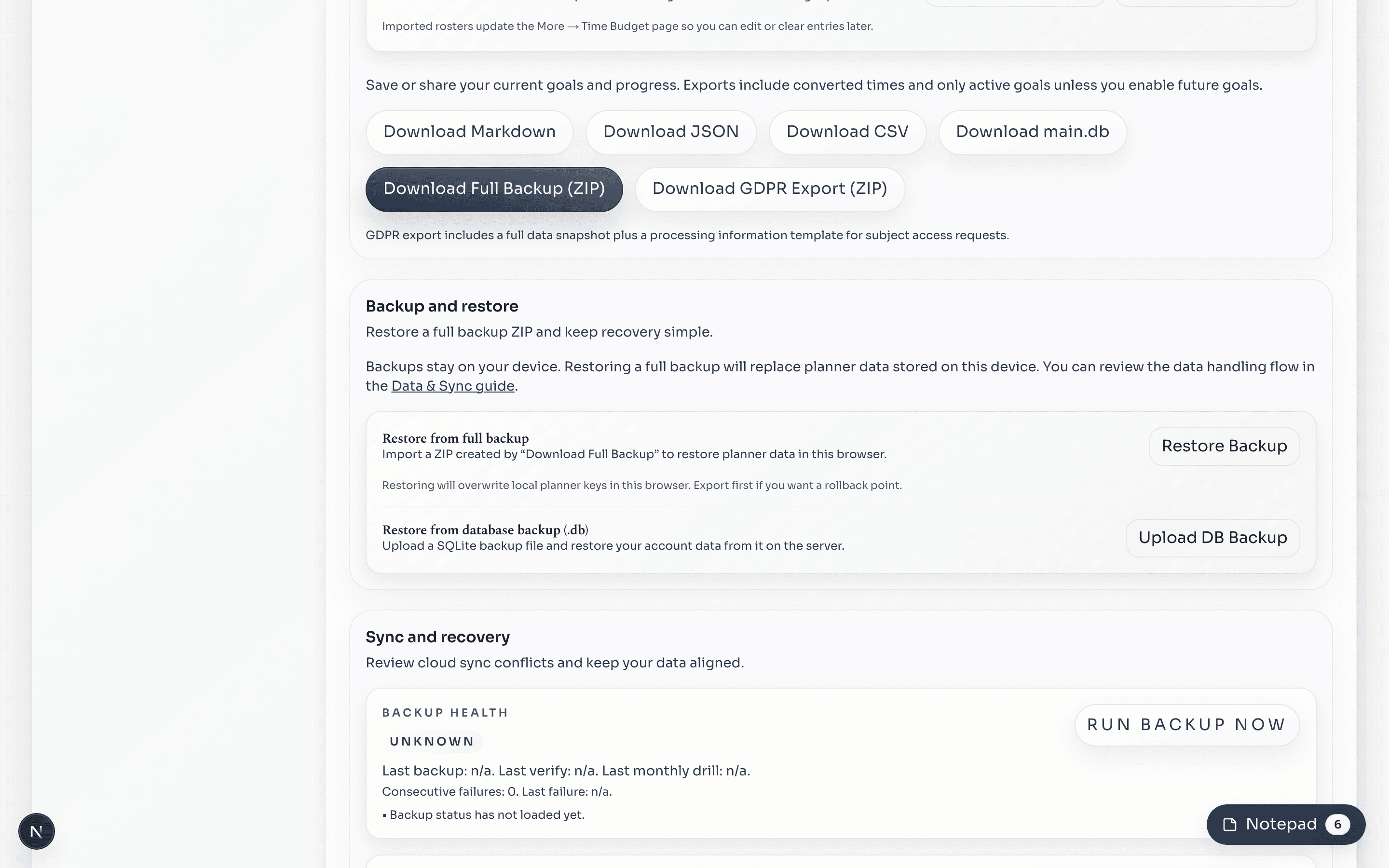 Settings screen highlighting backup and export tools.