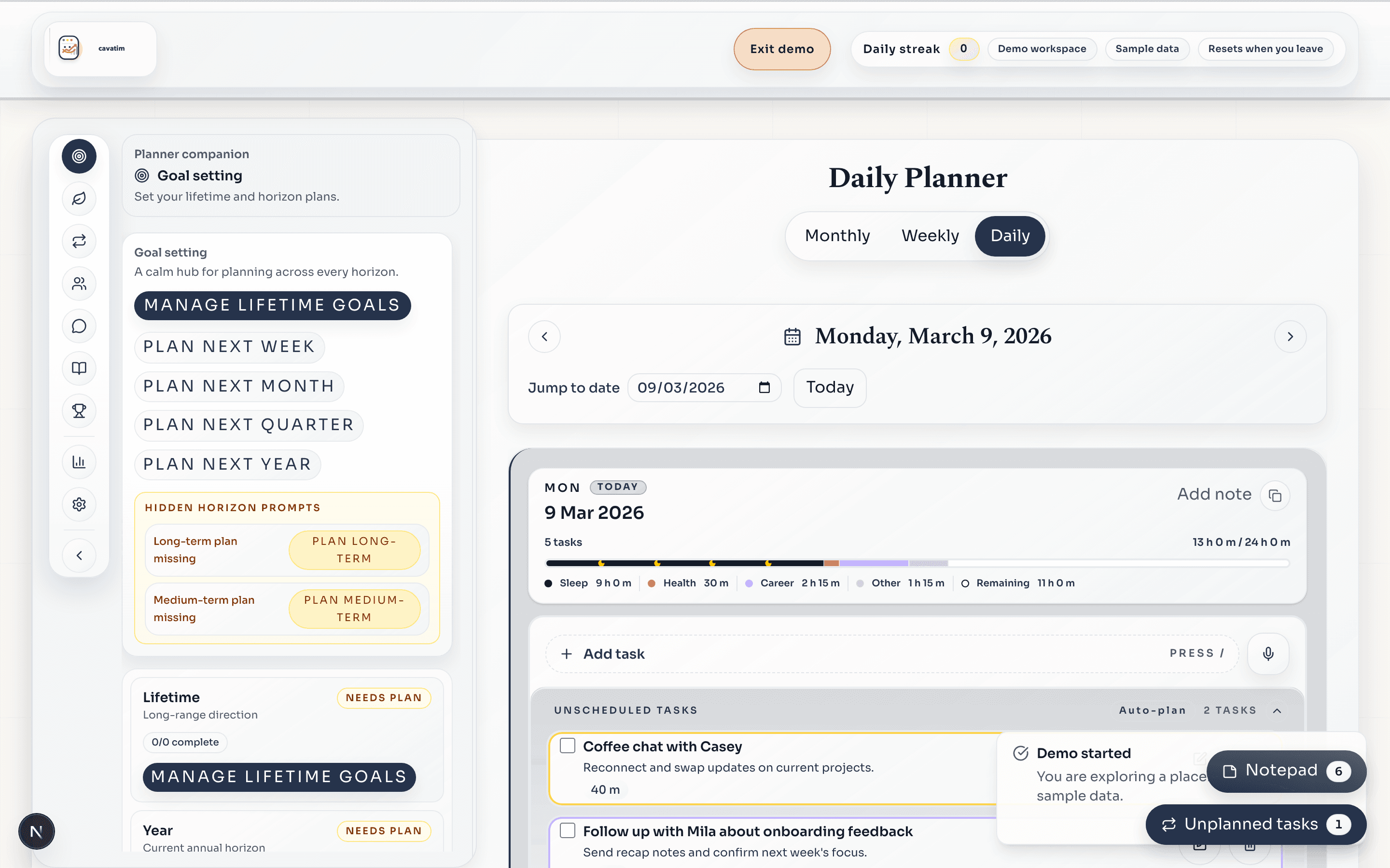 Daily planner view showing unscheduled tasks and timed work.