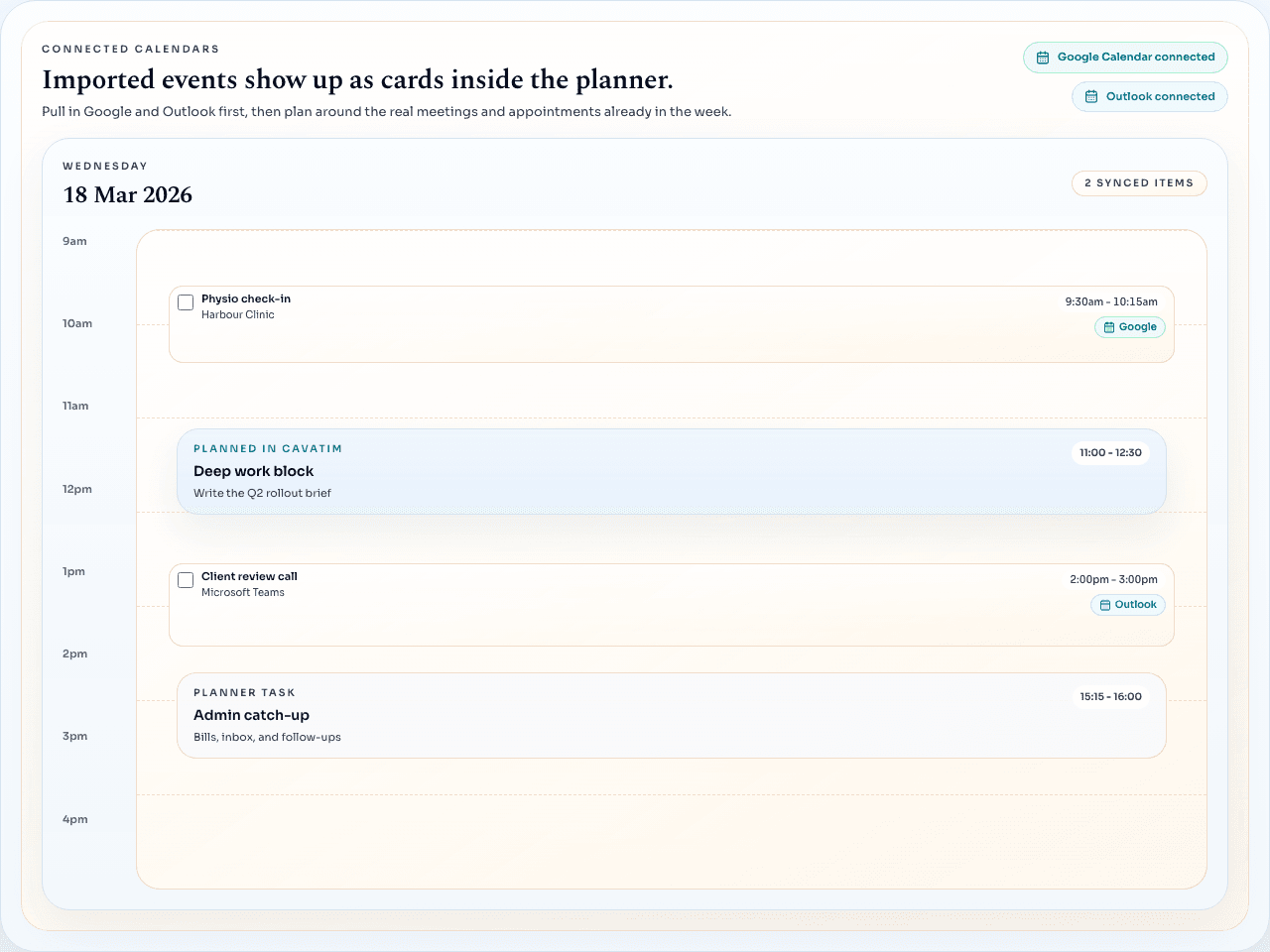 Weekly planner day view showing imported Google and Outlook calendar items as read-only cards inside the schedule.