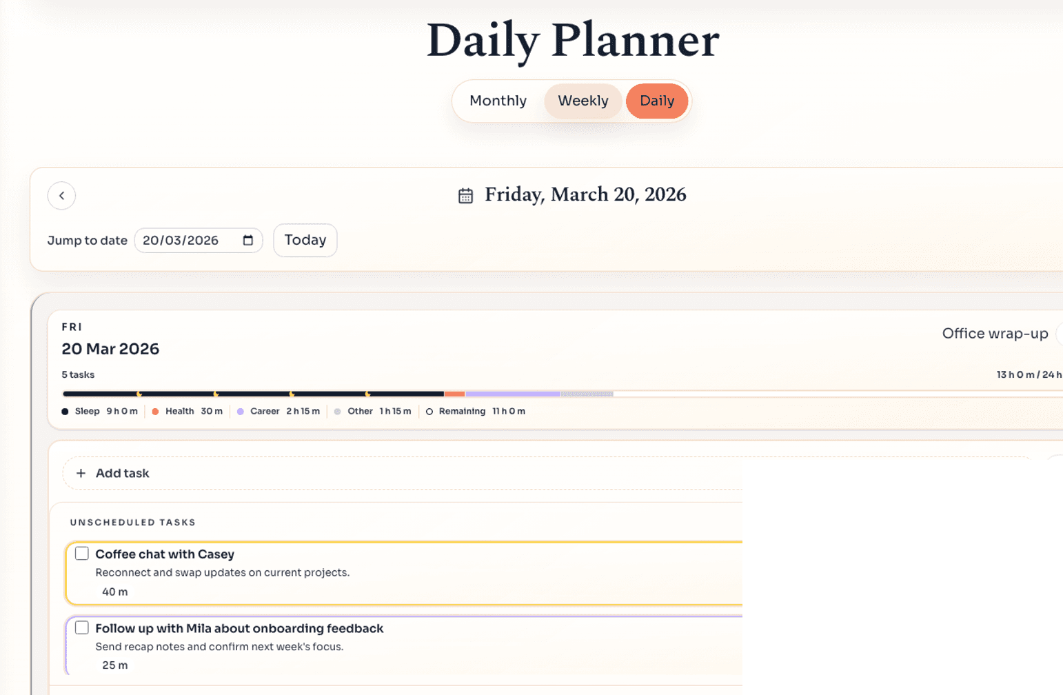 Daily planning view showing unscheduled work and timed blocks.