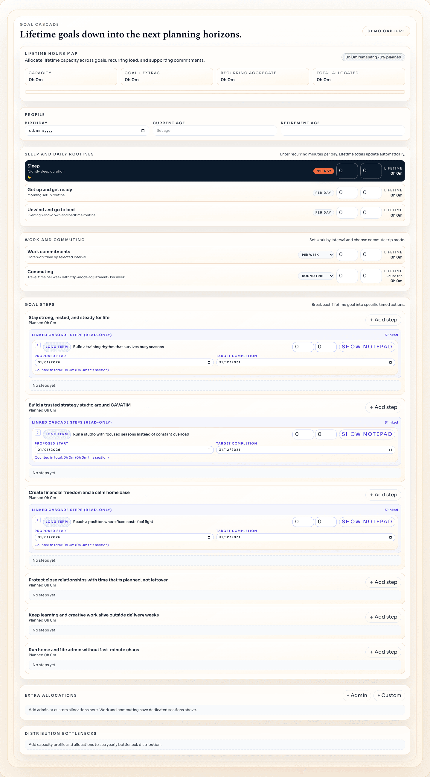 Demo weekly planner view with the planner rail collapsed and the week already populated from goals, tasks, and timed blocks.