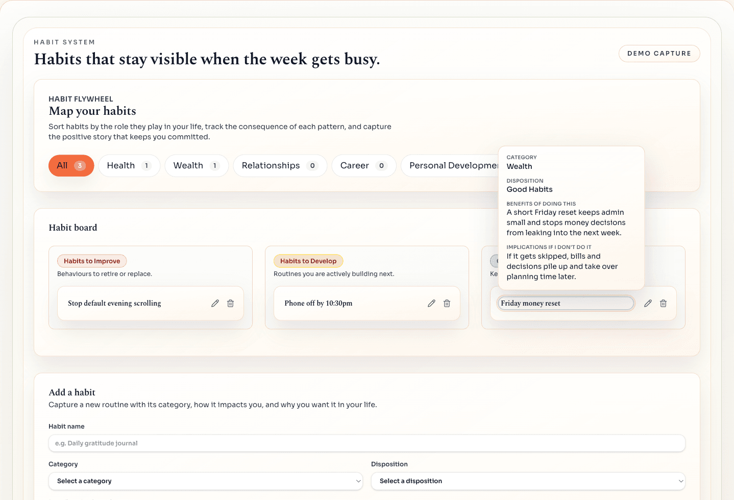 Habits page showing the habit board with the Good Habits preview open to explain why the routine matters and what happens if it slips.