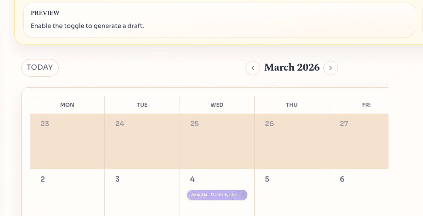 Monthly planning view showing milestones, events, and weekly focus.