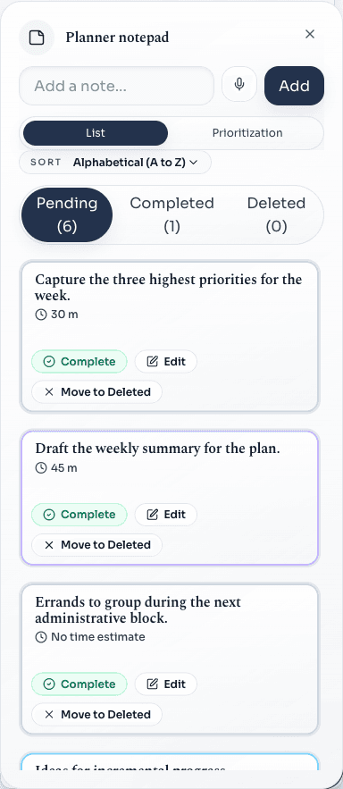 Planner notepad overlay showing captured work and incomplete planning notes.