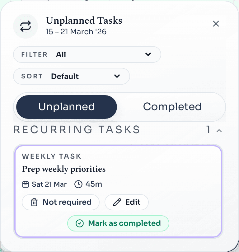 Unplanned Tasks popup from the demo planner showing recurring work waiting to be scheduled.