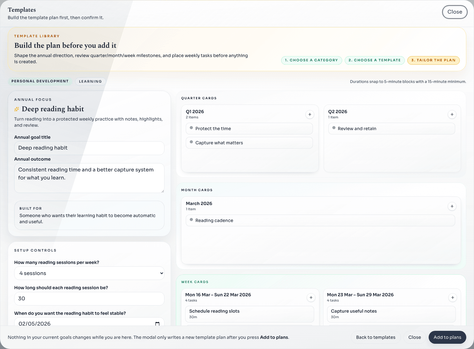 Templates popup from the demo planner showing a Deep reading habit template with prompts, milestones, and weekly tasks already drafted.