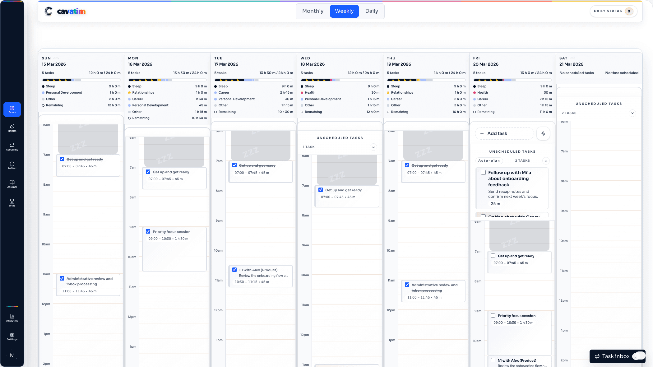 Cavatim weekly planner with seven days, capacity, goal-linked tasks, recurring work, and the task inbox