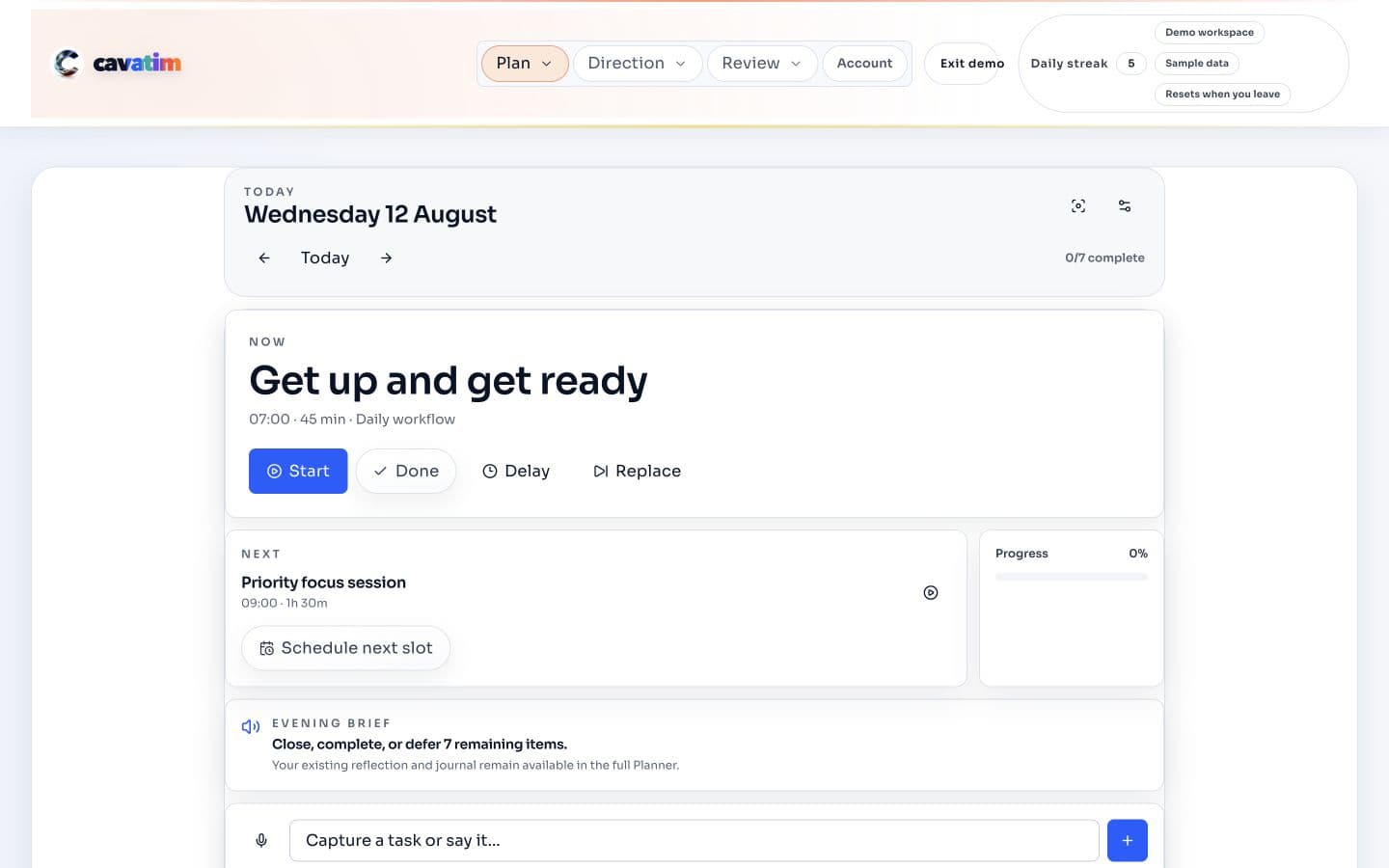 Cavatim Today view using fictional demo data, with Now, Next, progress, capture, and approval-based replanning