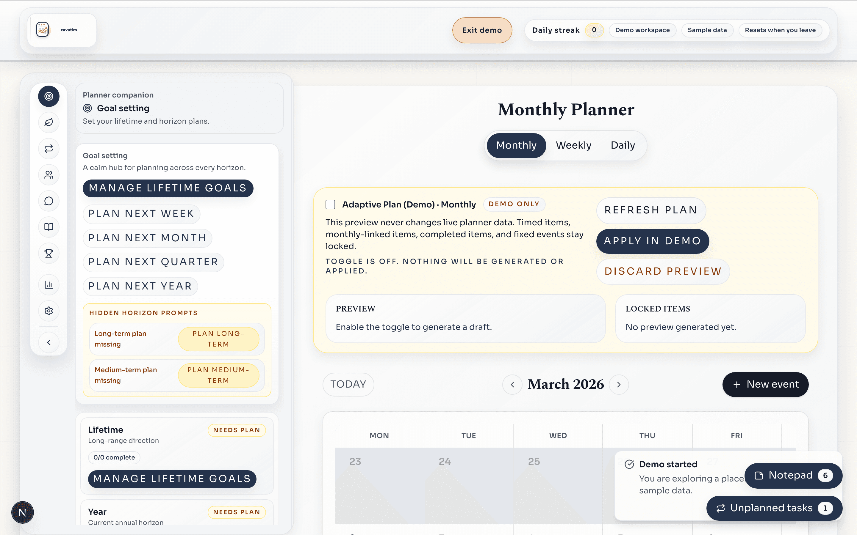 Monthly planner view showing milestones, events, and weekly focus.