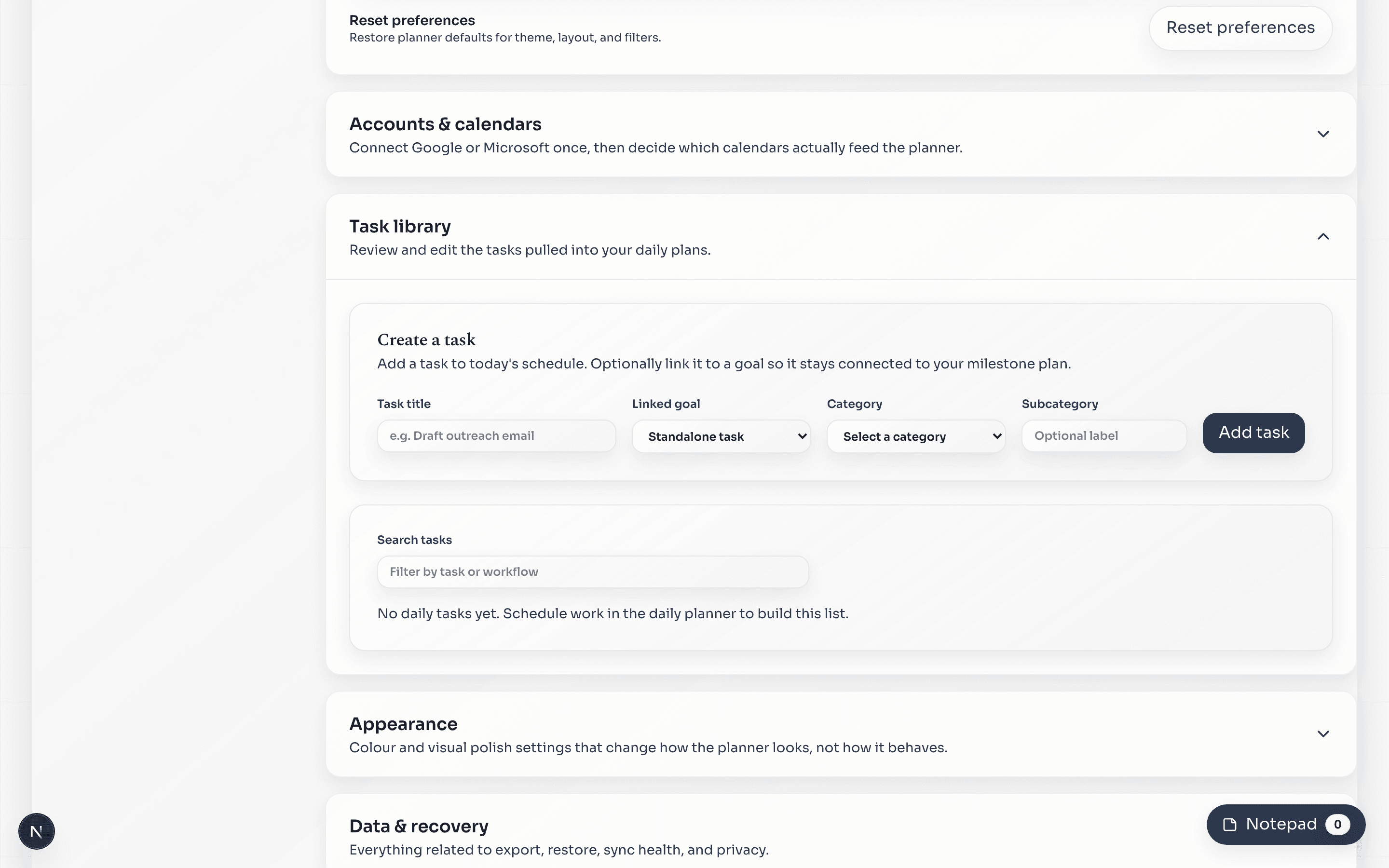 Task library view showing grouped tasks and categories.