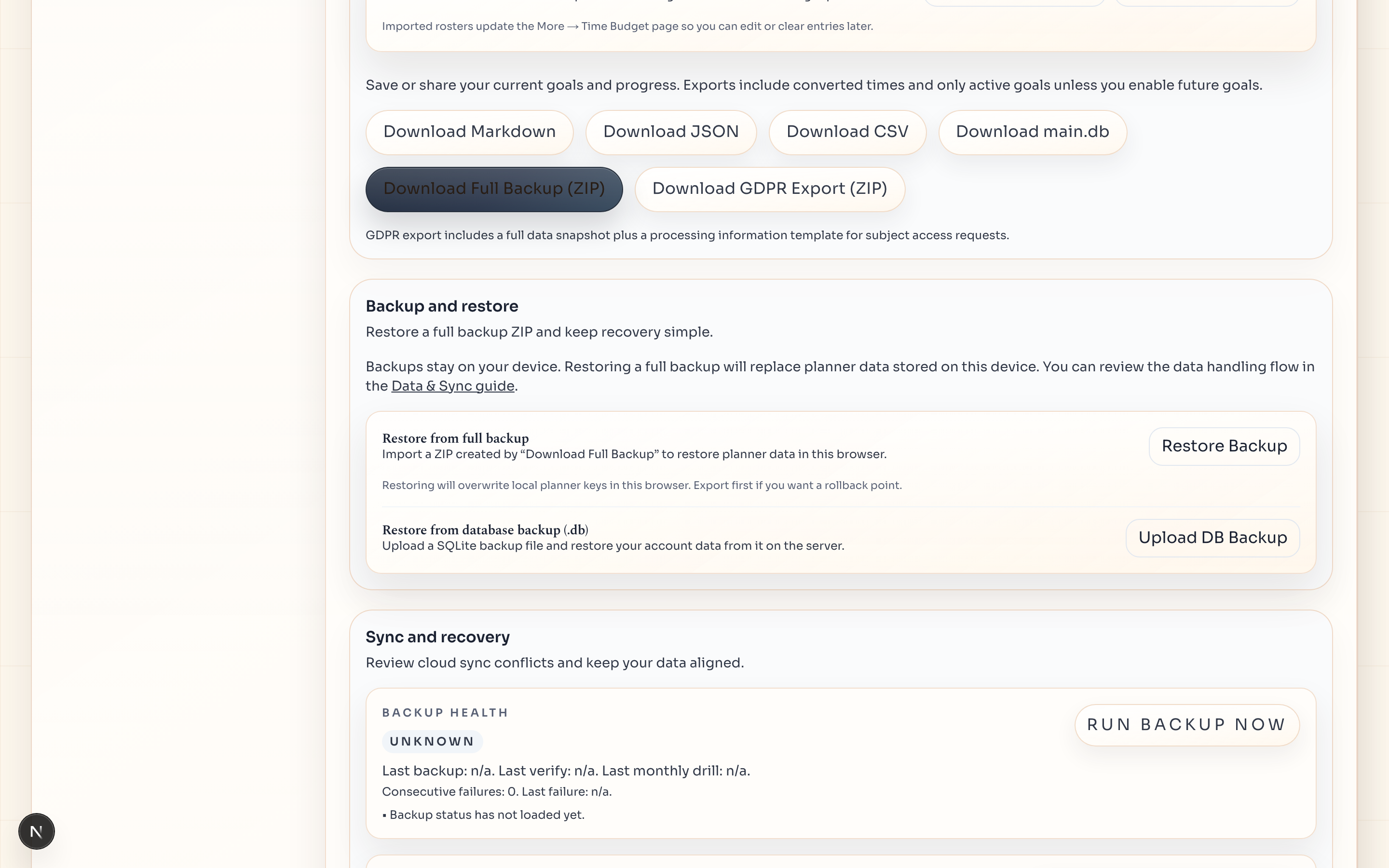 Settings view highlighting backup, restore, and export tools.