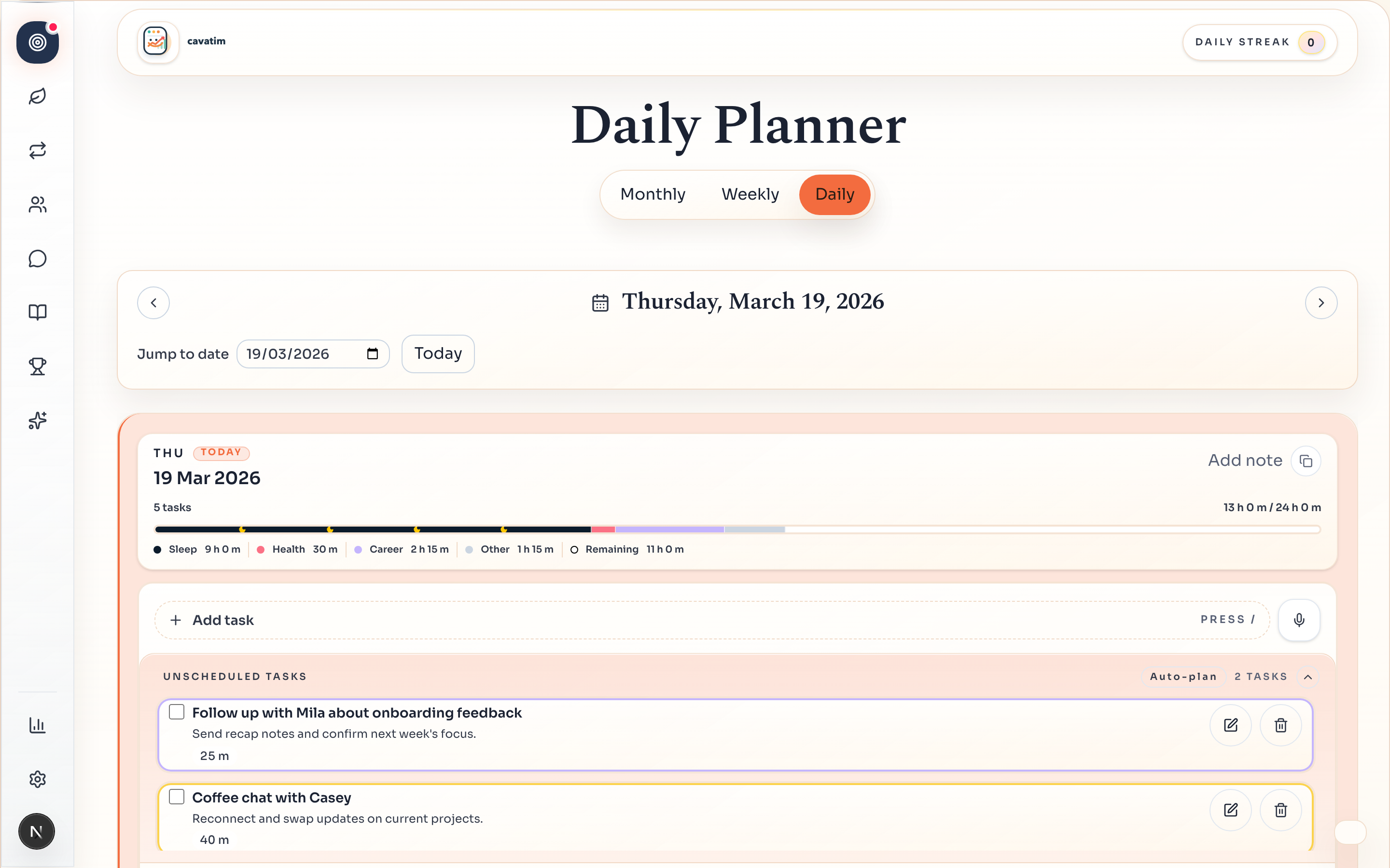 Daily planning view showing unscheduled work and timed blocks.