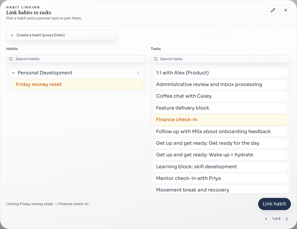 Habit linking dialog from the demo planner showing a new habit selected next to planner tasks ready to connect.