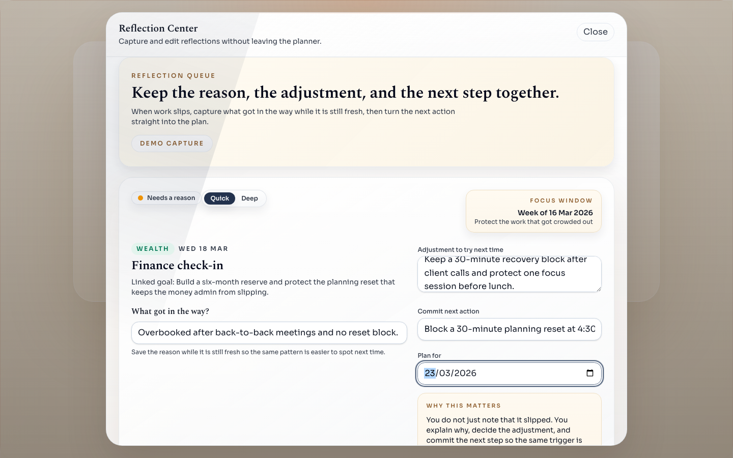 Reflection Center popup showing a filled reflection, an adjustment to try next time, and a scheduled next action.