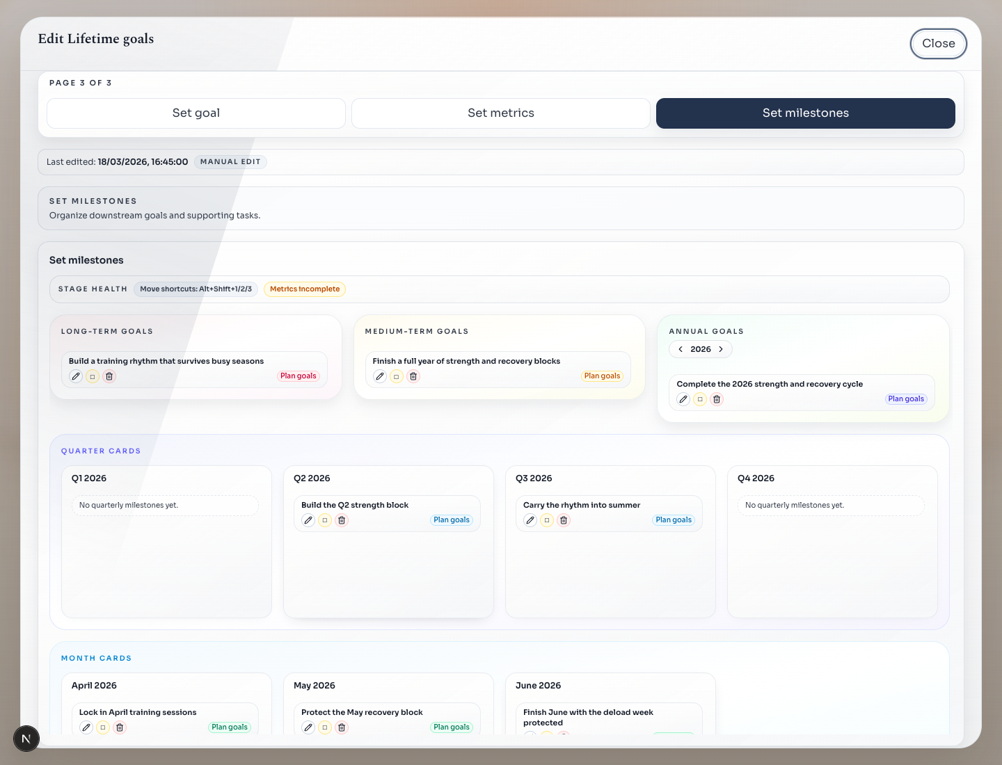 Set milestones view showing annual goals broken into quarterly, monthly, and weekly milestone cards.