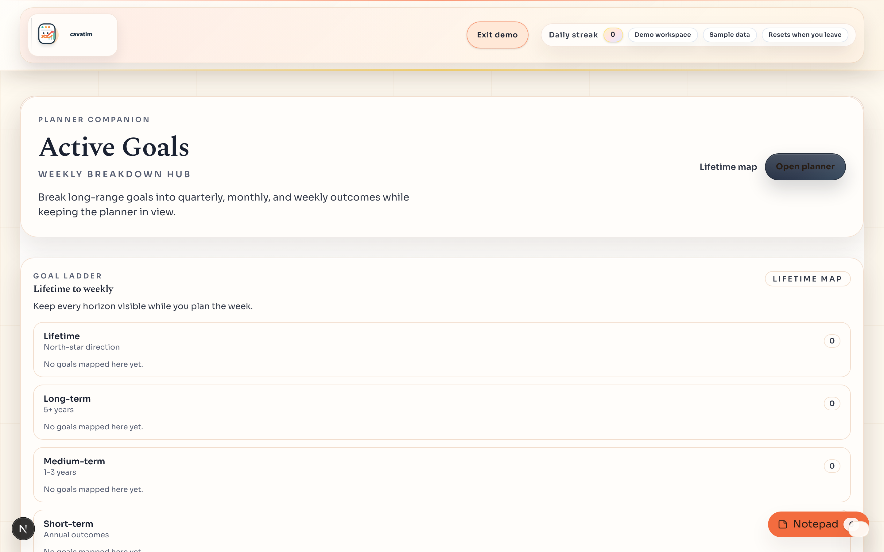 Goal-setting view showing the active-goals map and planning horizons kept beside the planner.