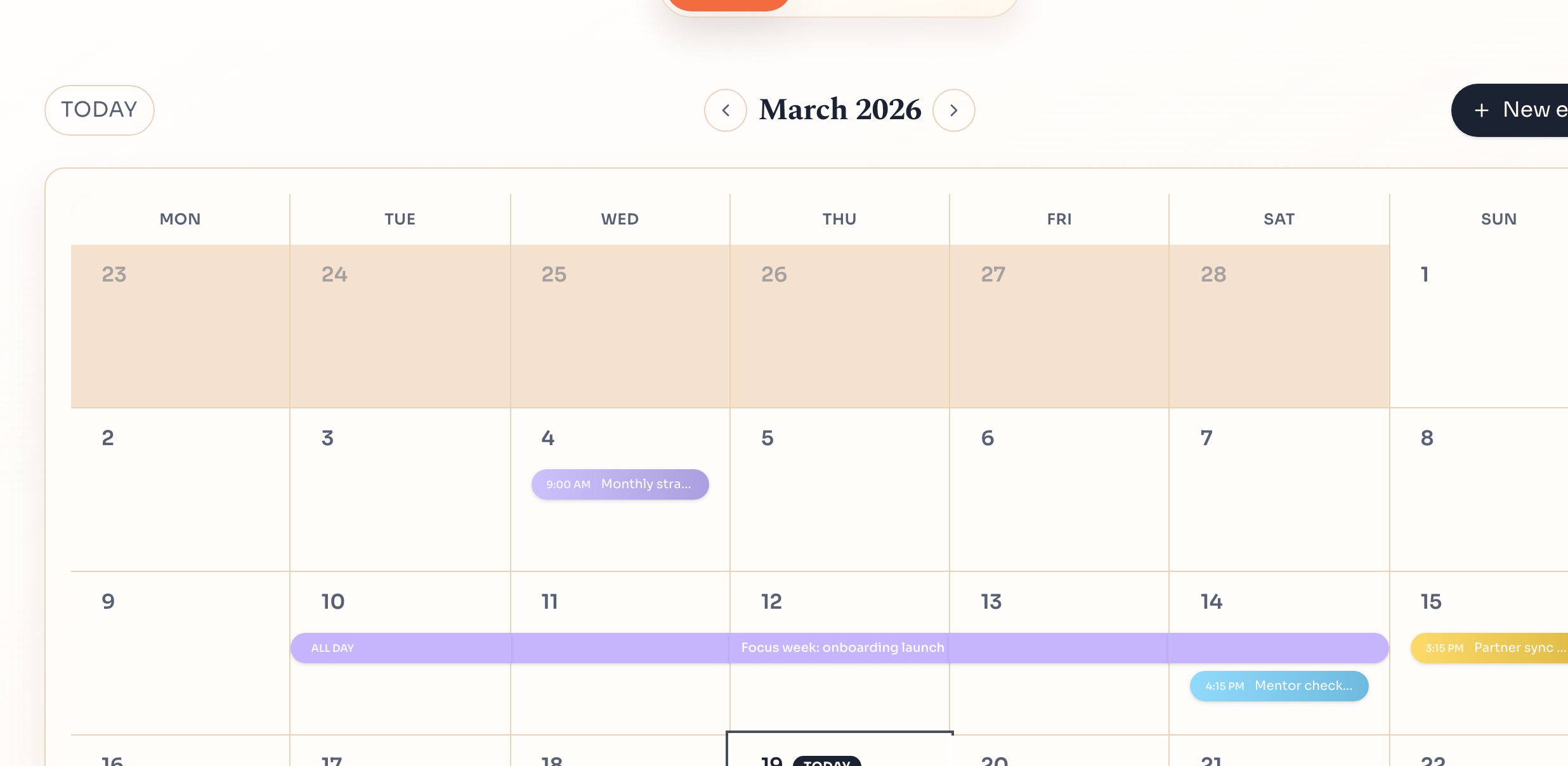 Monthly planning view showing milestones, events, and weekly focus.
