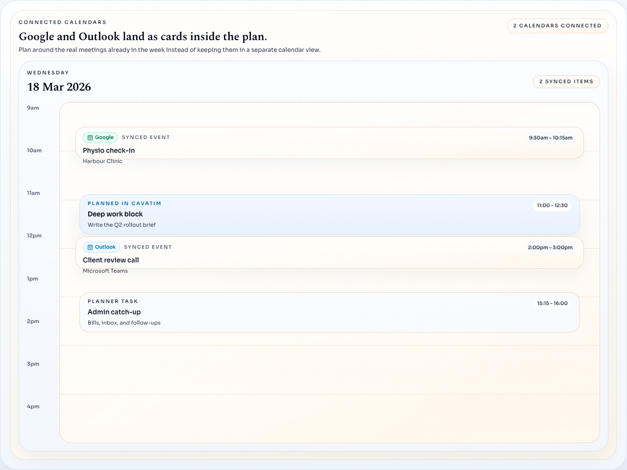 Planner view showing Google and Outlook calendar cards alongside planned work in one timeline.