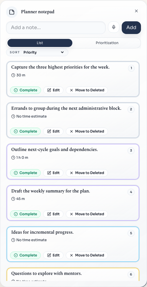 Planner notepad overlay showing captured work and incomplete planning notes.