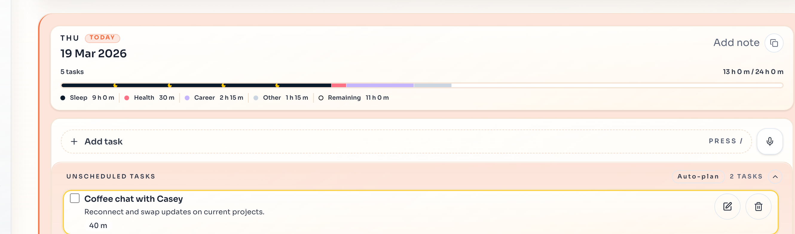 Voice planning view zoomed into the microphone, listening state, reviewed transcript, and the updated schedule.